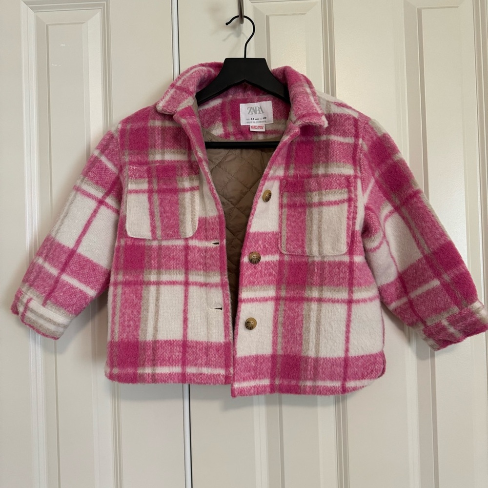 Zara girls pink plaid wool jacket, size 4-5